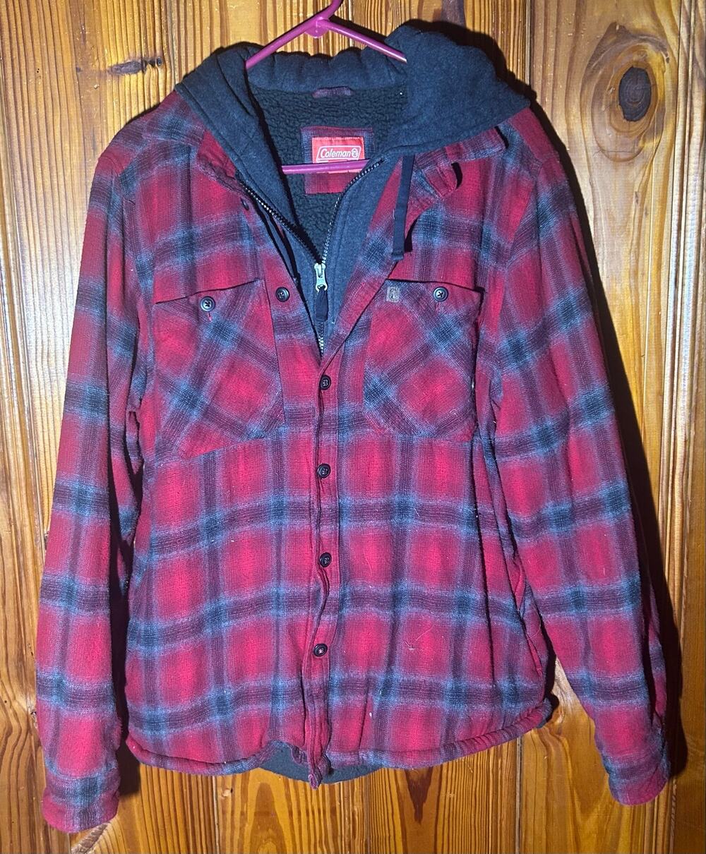 Coleman Fleece Lined Shirt Jacket Shacket Mens Size Large Red Plaid Pockets Warm
